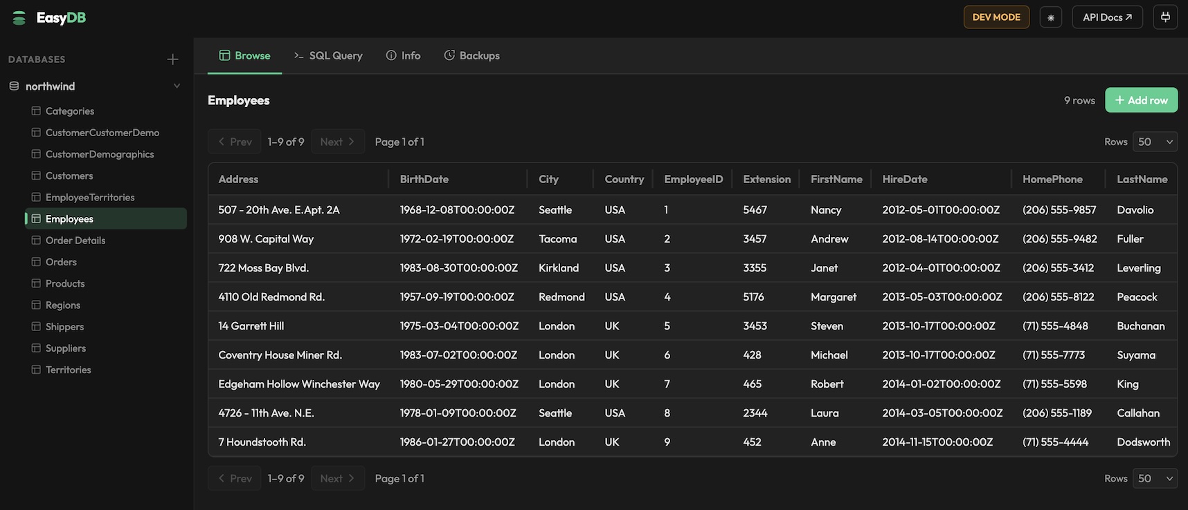 EasyDB admin UI showing a table browser with employee data